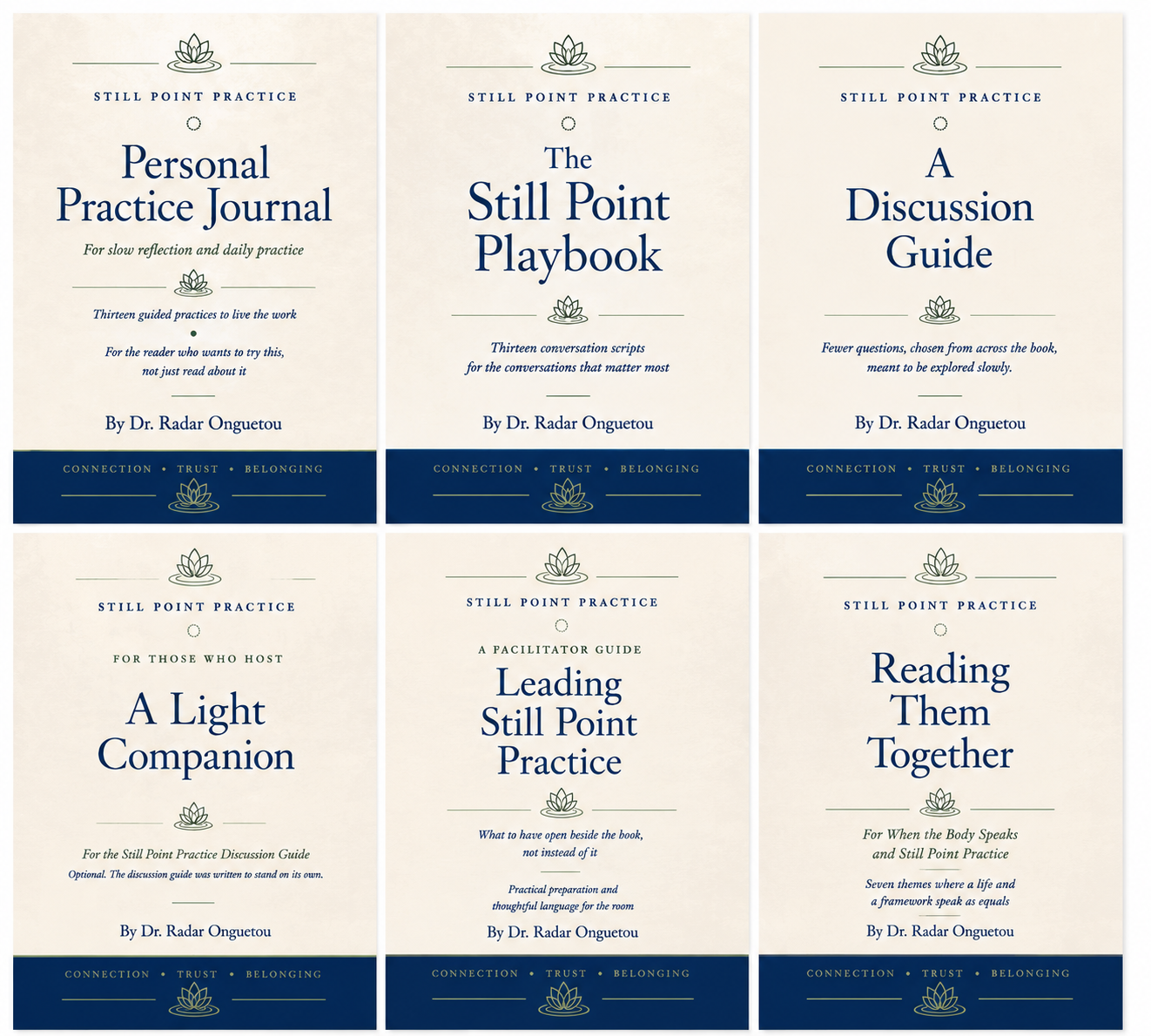 Six forthcoming Still Point Practice publications: Personal Practice Journal, The Still Point Playbook, A Discussion Guide, A Light Companion, Leading Still Point Practice, and Reading Them Together