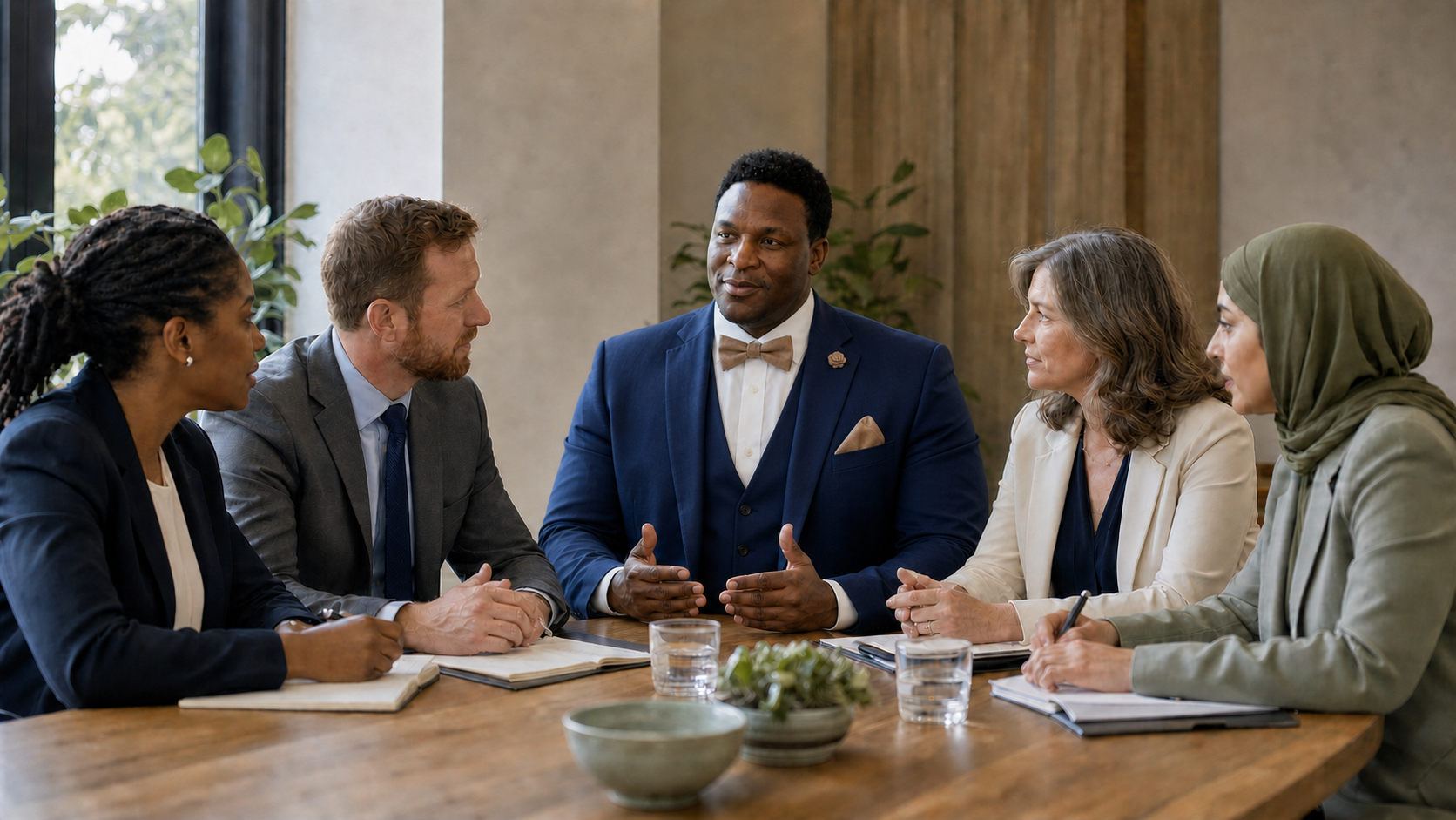 Dr. Radar Onguetou and four colleagues in a calm, thoughtful conversation around a table